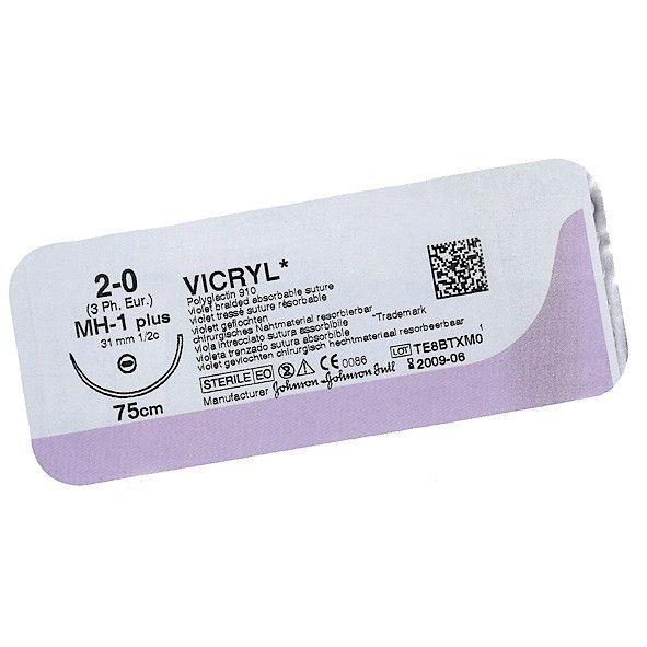 Викрил 3/0 Johnson&Johnson, игла колющая 20мм, уплощенный кончик, окр. 1/2, цвет фиолетовый, 75см, 12шт
